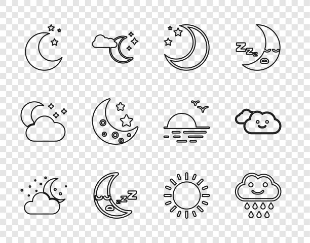 设置线云与月亮和星星，雨，月亮，图标，太阳和图标。向量图片下载