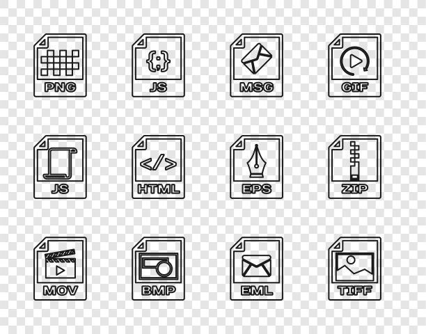 设置行MOV文件文件，TIFF, MSG, BMP, PNG, HTML, EML和ZIP图标。向量图片下载