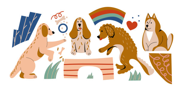 一套可爱好玩的狗骨头和爪子。收集有趣的卡通小狗角色的元素。不同品种的狗。彩色平面矢量插图孤立的白色背景图片下载