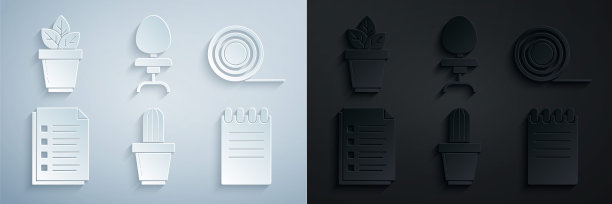 设置仙人掌和多肉在花盆，苏格兰，文件文件，笔记本，办公室椅子和鲜花图标。向量图片下载