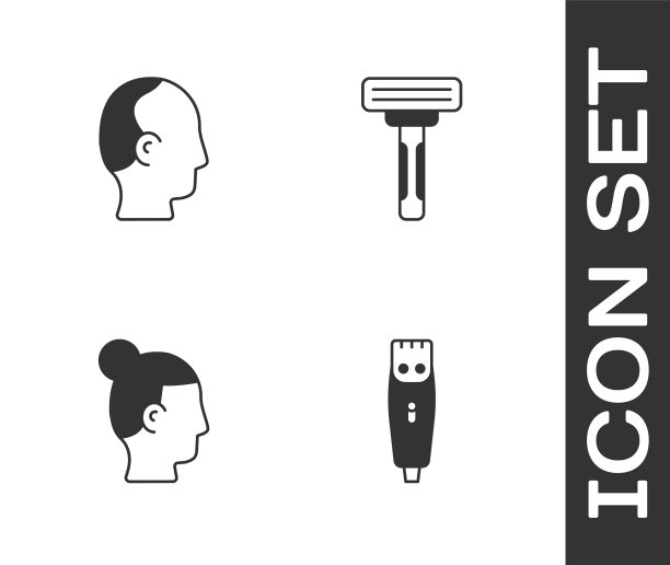 设置理发器，秃顶，男人的发型和剃须刀图标。向量图片下载