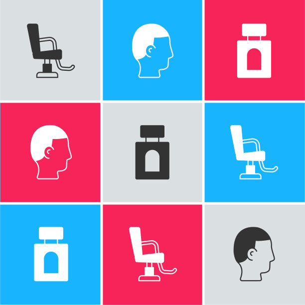 设置理发店椅子，男士发型和须后水图标。向量图片下载