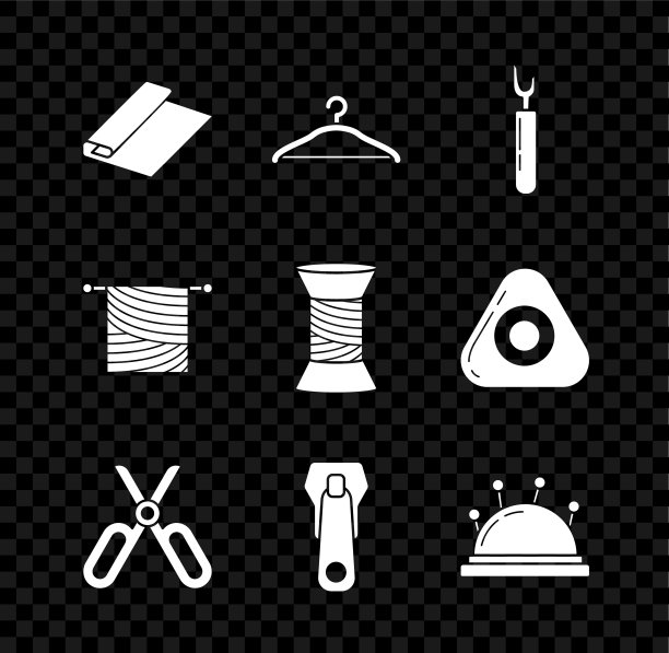 设置纺织织物卷，衣架衣柜，刀具，剪刀，拉链，针床和针，针织和缝纫线在卷轴图标。向量图片下载