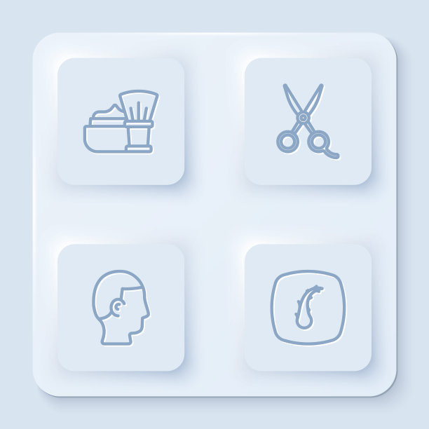 备有泡沫剃须刷，剪刀式发型师，男士发型及人体毛囊。白色正方形按钮。向量图片下载