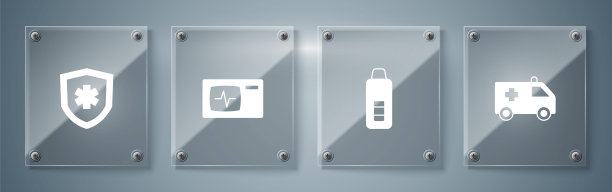 配备救护车、数字体温计、心电图监护仪和人寿保险。方形玻璃面板。向量图片下载