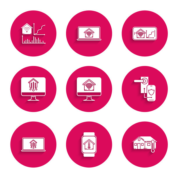 设置电脑监视器与智能家居wi-fi，智能手表房子温度，房子，数字门锁无线技术锁，笔记本电脑，手机和图标。向量图片下载