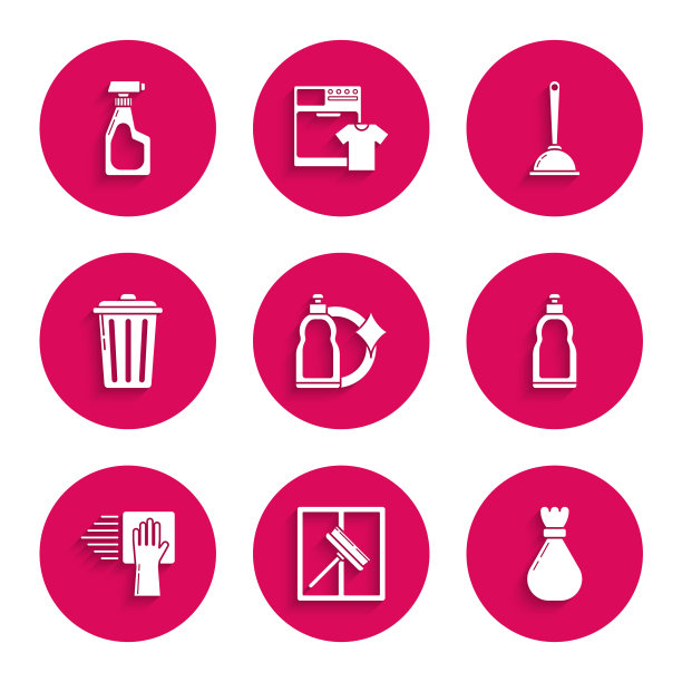 清洁液塑料瓶、刮刀、垃圾袋、清洁服务和马桶搋子图标矢量素材图片下载