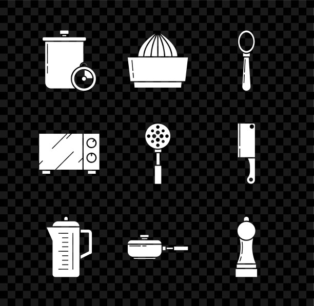 设置烹饪锅和厨房计时器，柑橘果汁机，勺子，茶壶，煎锅，胡椒，微波炉和铲子图标。向量图片下载