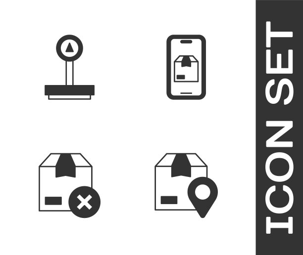 设置位置与纸箱，规模，纸箱和移动应用程序交付跟踪图标。向量图片下载