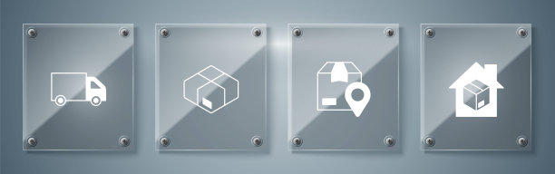 集送货上门服务，定位用纸箱，纸箱送货卡车。方形玻璃面板。向量图片下载