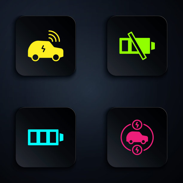 集电动汽车，智能系统，电池充电和低电池。黑色方形按钮。向量图片下载