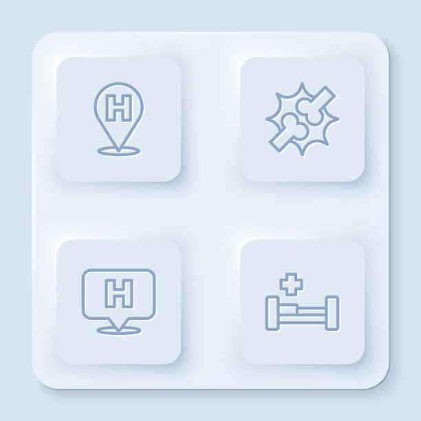 设线定位医院，关节痛，膝关节痛，及病床。白色正方形按钮。向量图片下载