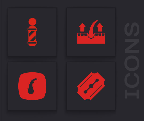 集刀片剃须刀，经典理发店电线杆，人体毛囊和图标。向量图片下载