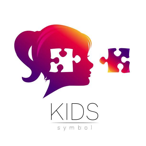 现代矢量儿童标志铅字头部与拼图大脑在紫罗兰色。心理学的标志符号。儿童形象人类。创造性的风格。符号向量。设计理念图片下载
