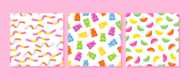 果冻糖果熊，蠕虫，切片无缝模式设定。明亮的橡皮糖糖果。向量卡通插图。图片下载