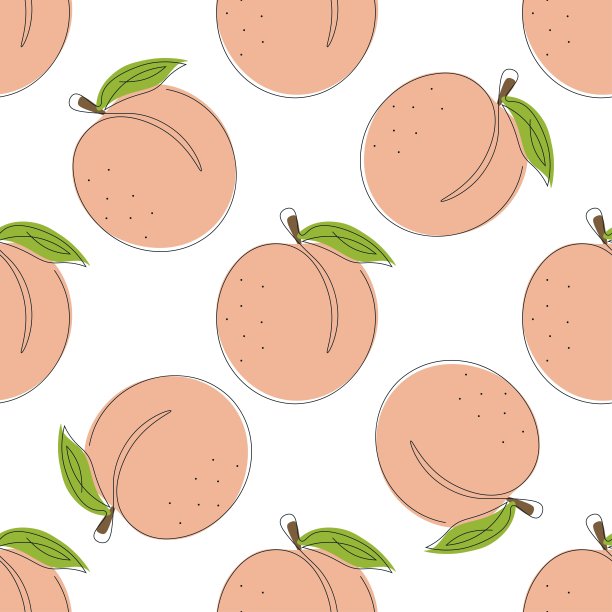 无缝图案与桃色。水果在一条单线上添加了颜色。夏天的背景。矢量插图孤立的白色背景。图片下载