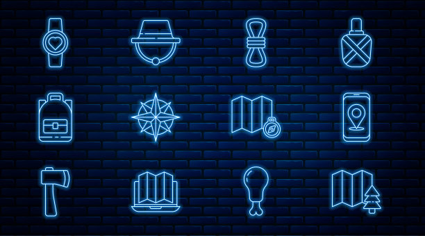 设置线森林位置，城市地图导航，攀登者绳，风玫瑰，徒步背包，智能手表显示心率，露营帽子图标。向量图片下载