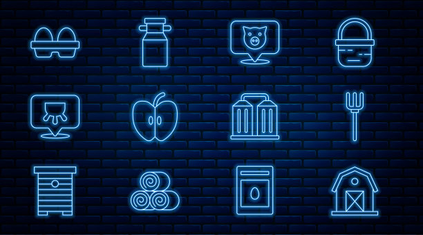 设置线农场房子，花园干草叉，猪，苹果，乳房，鸡蛋在盒子，谷仓和罐头容器牛奶图标。向量图片下载