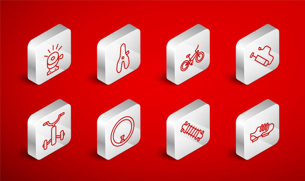 设置线自行车鞋，座椅，气泵，悬挂，铃铛，车轮和儿童图标。向量图片下载