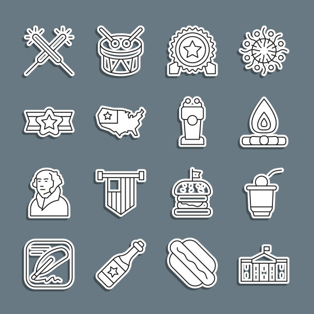 美国国会大厦、啤酒乒乓球游戏、篝火、星形奖章、美国地图、美国军星、烟花和舞台讲台图标矢量素材图片下载