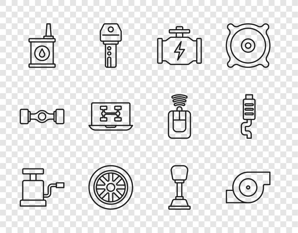 设置汽车气泵，汽车增压器，检查发动机，车轮，汽缸机油，诊断汽车状况，变速杆和消声器图标。向量图片下载