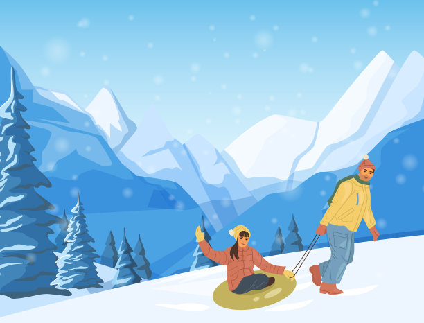 年轻活跃的人们骑着橡皮圆管在雪山雪山之间风光。图片下载