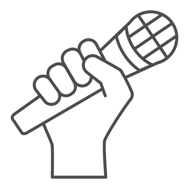 手持麦克风细线图标，声音设计概念，手持麦克风矢量标志在白色背景，轮廓风格图标的移动概念和网页设计。矢量图形。图片下载