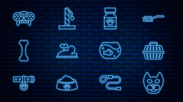 设置线猫，宠物手提箱，药瓶和药丸，发条鼠标，狗骨头，牙齿，水族馆与鱼和抓挠张贴图标。向量图片下载