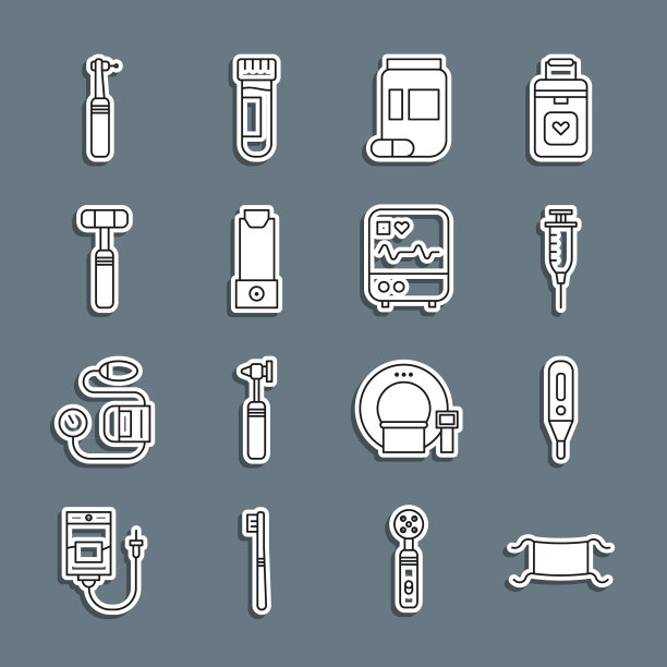 医用防护口罩、数字温度计、注射器、药瓶及药片、吸入器、神经反射锤、牙钻、带心电图图标的监护仪。向量图片下载