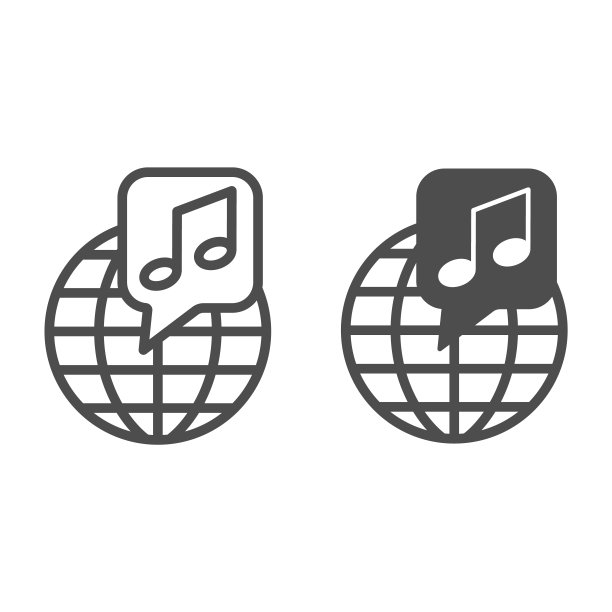 带有音符的地球，全球音乐线性图标和实体图标，音乐概念，白色背景上的国际音乐矢量符号，移动概念和网页设计的轮廓样式图标。矢量图形。图片下载