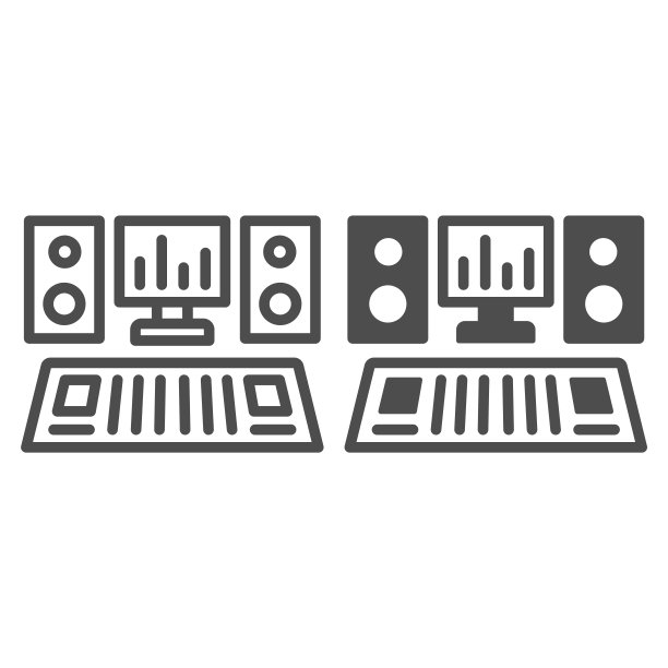 带有监视器和扬声器线条和实体图标的录音室控制台，音乐概念，白色背景上的声音矢量标志，移动概念和网页设计的轮廓样式图标。矢量图形。图片下载