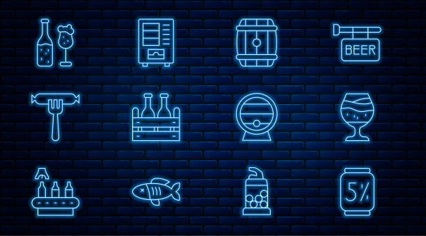 设置线啤酒罐，啤酒的玻璃，木桶，包装瓶，香肠在叉子上，和玻璃，机架和自动售货机图标。向量图片下载