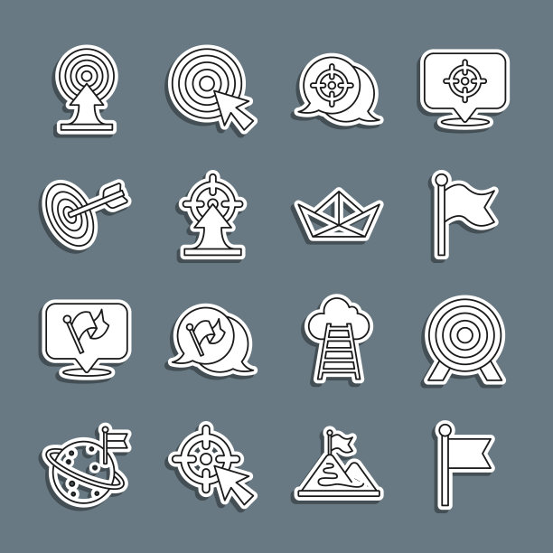 设置线旗，目标，箭头和折叠纸船图标。向量图片下载