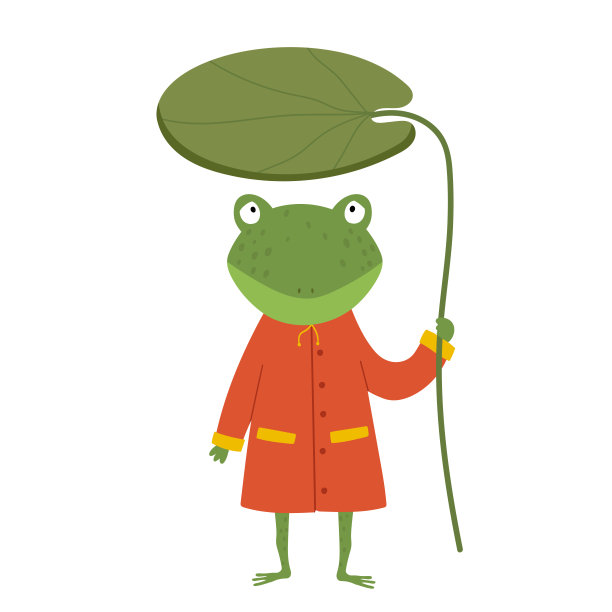 可爱的穿着雨衣的卡通青蛙。青蛙手里拿着一朵睡莲。绿色的青蛙角色孤立在白色的背景上。儿童插图。适合做海报，t恤，明信片。图片下载