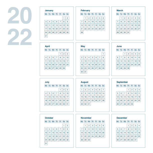 2022年12个月的日历网格图片下载