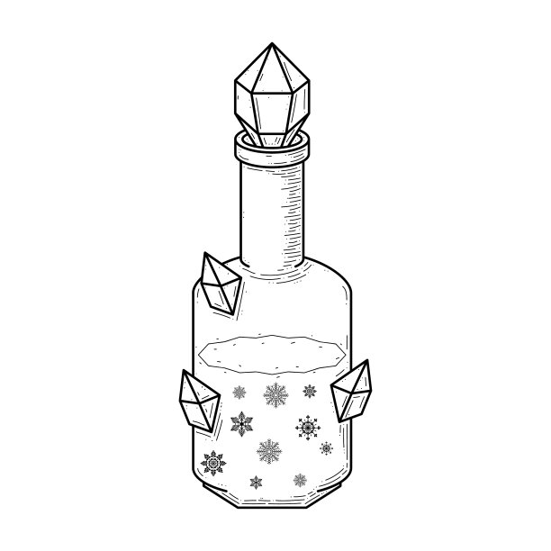 黑色简单线玻璃瓶涂鸦轮廓冰药水雪花饮料酏剂液体元素矢量设计风格素描孤立插图魔法巫术图片下载