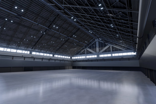 空厅展览中心。展台、摊位、市场、贸易展的背景。谈话活动,会议。舞台娱乐、事件、体育。室内的工厂,仓库。3 d渲染。图片下载