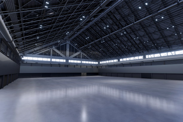 空厅展览中心。展台、摊位、市场、贸易展的背景。谈话活动,会议。舞台娱乐、事件、体育。室内的工厂,仓库。3 d渲染。图片下载