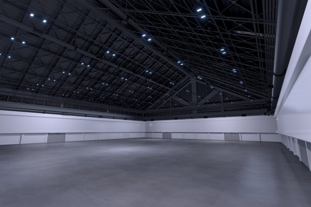 空厅展览中心。展台、摊位、市场、贸易展的背景。谈话活动,会议。舞台娱乐、事件、体育。室内的工厂,仓库。3 d渲染。图片下载