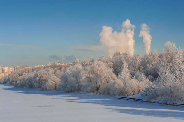 冬天的风景，结霜的树木和工厂的烟雾图片下载