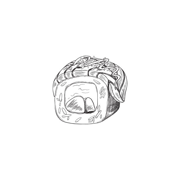 卷寿司或makizushi与鱼，素描矢量插图孤立。图片下载