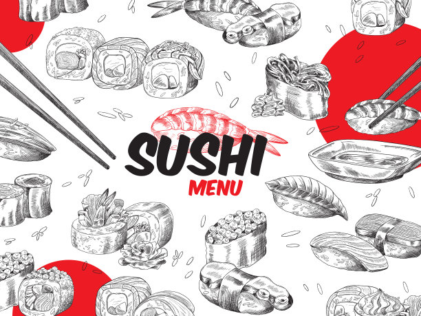 Vector覆盖餐厅菜单与传统日本食物寿司和卷。图片下载
