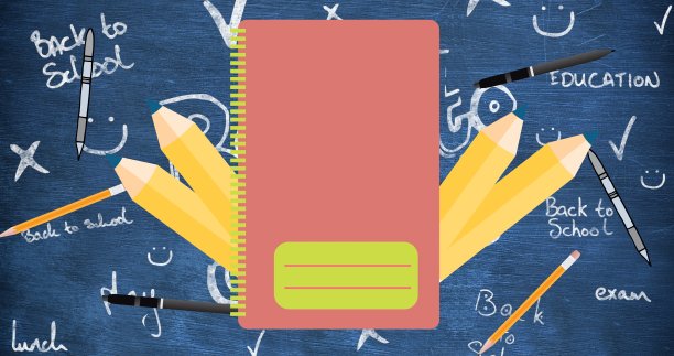 用红色笔记本和黄色铅笔在黑板上写有学校涂鸦的作文图片下载