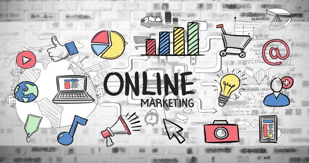 组成的文本在线营销的彩色绘制的商业和媒体图标图片下载