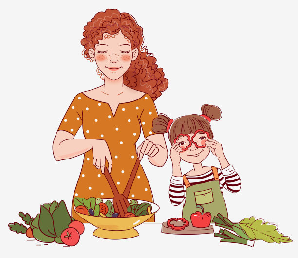 母亲和她的小女儿在厨房里准备食物。幸福家庭快乐图片下载