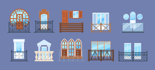 带有栅栏立面的老式阳台建筑。阳台窗户，房屋正面的木栏杆门廊或金属锻造栅栏。家立面阳台与窗户，门复古装饰图片下载