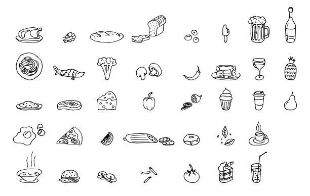 食物和饮料涂鸦素描图标集。矢量绘图符号艺术收藏。图形手绘标志模板菜单咖啡馆，餐厅，烹饪业务。孤立的插图图片下载