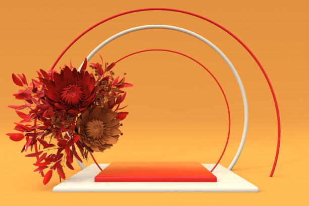 3D橙色广场裙台与秋天红色花朵构成。粉彩背景上的护肤产品底座。图片下载