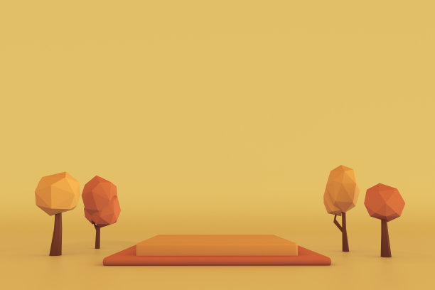 3D秋色广场裙台与秋色构图树。黄色和橙色背景上的护肤产品底座。图片下载