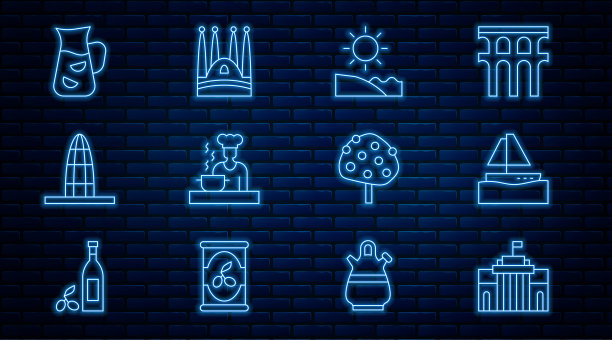 设置线普拉多博物馆，游艇，海滩，西班牙厨师，阿格巴塔，桑格利亚，橘子树和圣家族的图标。向量图片下载